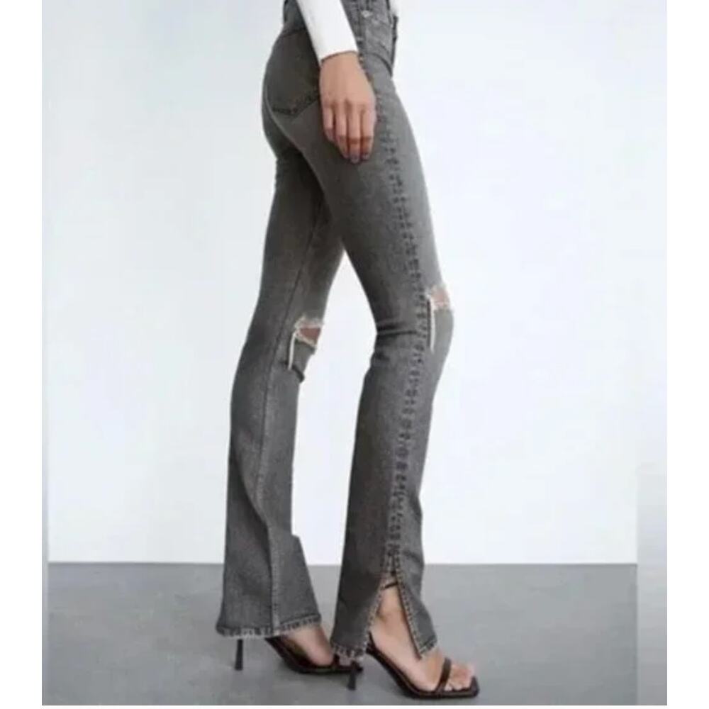ZARA Split-Hem Skinny Jeans Gray Busted Knees Distressed Y2K Streetwear Sz 4
